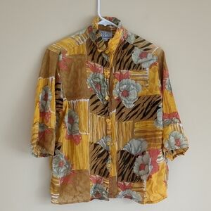 Medium Speed Limit MPH Button Up Shirt Floral Yellow Top Semisheer